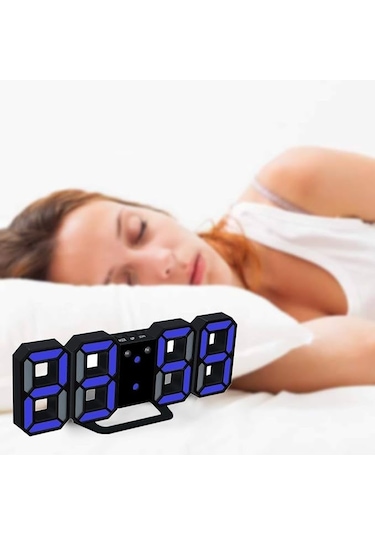 3d Led Dijital Alarm, Termometre Ve Takvim Özellikli Masa / Duvar Saati Mavi