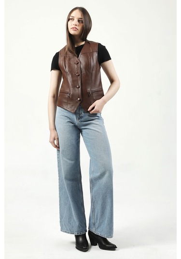 Dericlub Vittoria Kadın Düğmeli Slim Fit Hakiki Deri Yelek Fındık Fındık