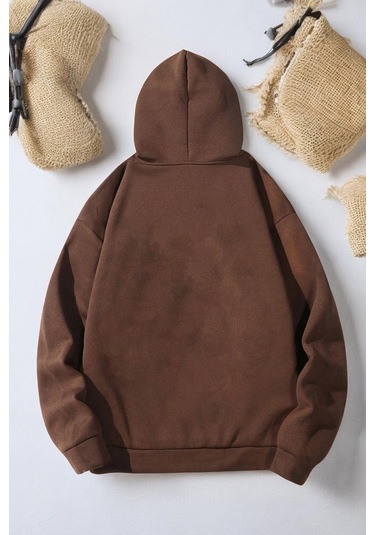 Mind Life Vibes Baskılı Oversize Sweatshirt Kahverengi