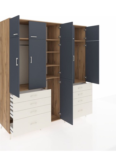 Kronos Dolap 8 Raflı 8 Çekmeceli 3 Askılı 220x59x243 Çam-antrasit/aytaşı Antrasıt/aytası