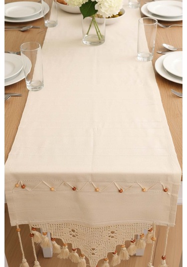Dantel İşlemeli Boncuklu Runner 50x130 Cm Krem