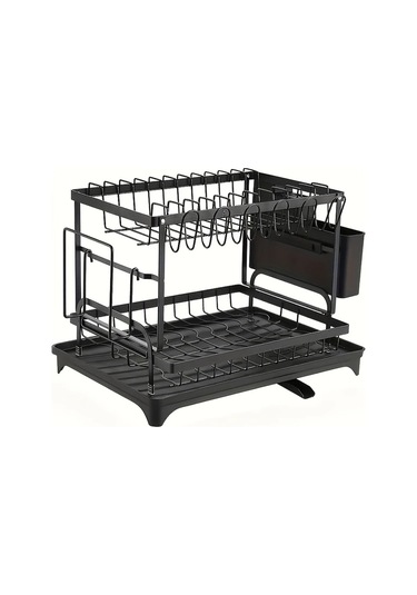 Honeybeeshop Siyah 2 Katlı Karbon Çelik Bulaşık Rafı Süzgeç Mutfak Eşyaları Tutucu Ve Bardak Askılı Siyah