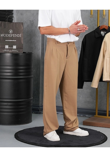 Modefendi Baggy Kalıp Pile Detaylı Kumaş Pantolon Camel
