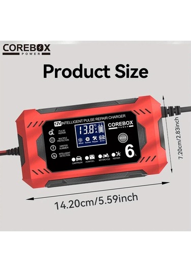Chuangyinshop Red 12v 6a Corebox Akıllı Akü Şarj Cihazı Lcd Ekran Araç Kamyonet Motosiklet Aküsü