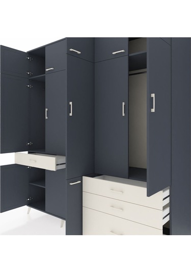 Kronos Dolap 8 Raflı 4 Çekmeceli 3 Askılı 220x59x243 Antrasit-antrasit/aytaşı Antrasıt/aytası