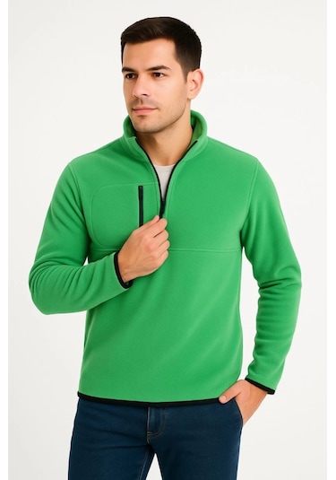 Erkek Polar Kazak Dik Yaka, Yarım Fermuarlı, Fermuarlı Göğüs Cepli, Siyah Biyeli, Kışlık Rahat Regular Fit Günlük Model - Yeşil Yeşil