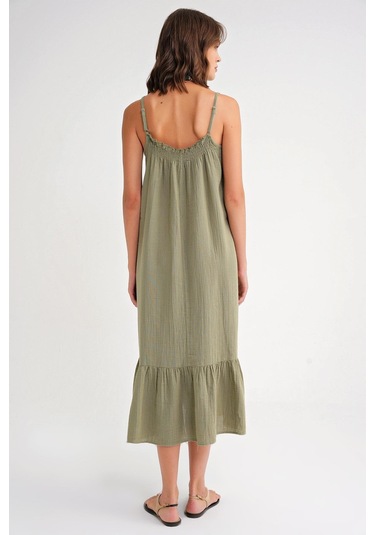 4740 Kadın Askılı Müslin Midi Elbise Çağla Çağla Yeşili