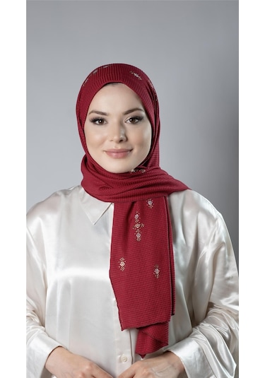 Bordo Pratik Hazır Geçmeli Tesettür Şal Örme Kumaş Taşlı Çiçek Desenli 2118c 16