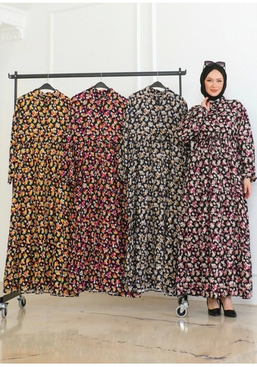 Çiçek Desenli Bağlamalı Viskon Kumaş Elbise - Lacivert Lacivert