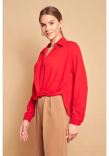 Yakalı Önü Pileli Uzun Kol Likrasız Şık Kumaş Gömlek-kırmızı Kırmızı