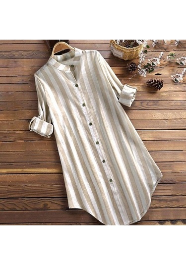 Novahub Kadınlar Zarif Uzun Kollu Düğmeler Aşağı Gömlek Rahat Bahar Sonbahar Bluz Çalışma Blusas Kadın V Boyun Şerit Düzensiz Tunik Tops Haki - Xs Haki
