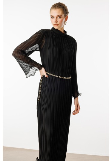 Moda İlgi Kadın Etek Ve Kol Ucu Volanlı Pliseli Zincir Kemerli Midi Boy Elbise 0060 Siyah Siyah