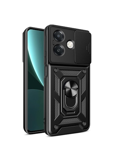 Teknomoda Oppo A3 Kılıf Yüzüklü Standlı Sürgülü Kamera Korumalı Tank Sert Silikon Kapak Siyah