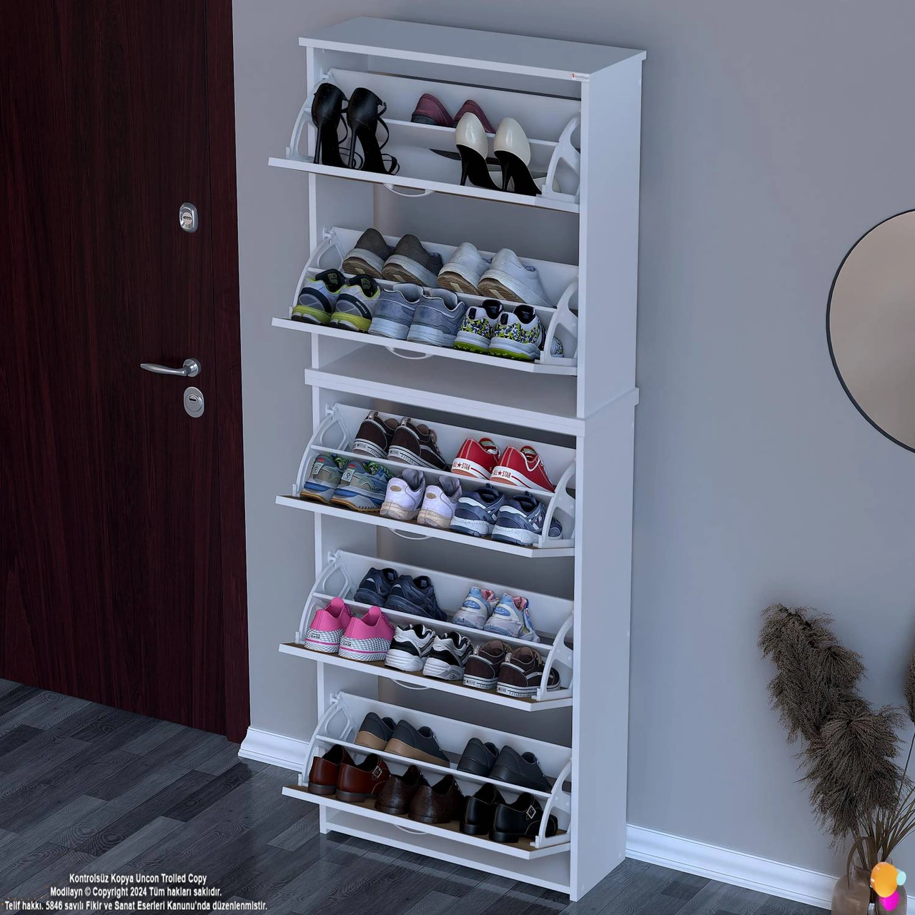 İkra Antre Meşe Renk 5 Düşer Kapak 10 Göz Bölmeli Ayakkabılık 72x 194 X26 Cm Meşe