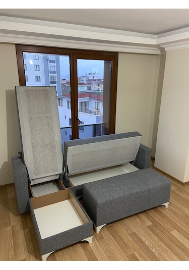 Açık Gri Keten Köşe Koltuk Takımı+puf