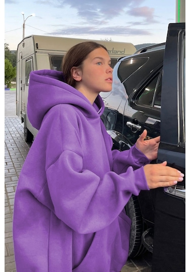 Madmext Mor Kapüşonlu Oversize Şardonlu Sweatshirt Mg1566 Mor