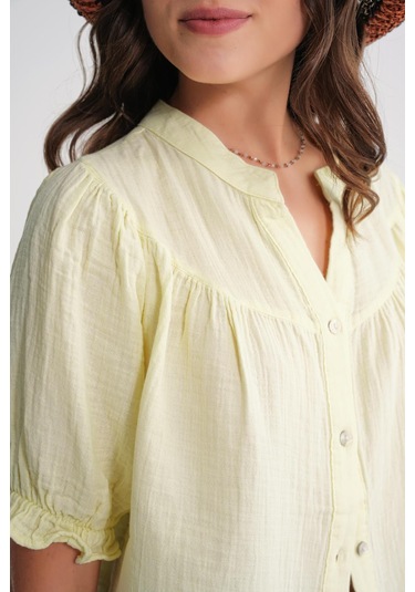 4725 Kadın Büzgü Robalı Kolu Fırfırlı Müslin Gömlek Pastel Sarısı Pastel Sarısı