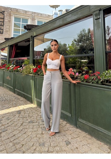 WeShaya Gri Keten Karışımlı Düz Paça Pantolon Gri