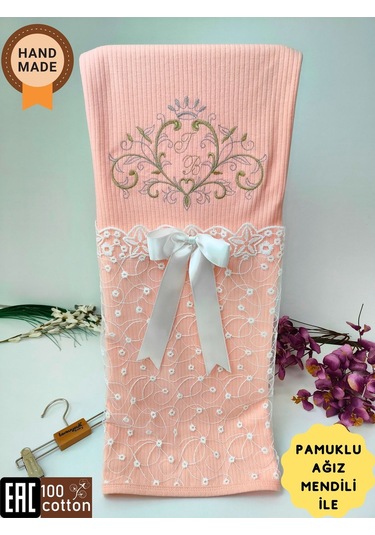 Pembe Kız Bebek Battaniyesi %100 Pamuklu Şık Dantelli Nakışlı Doğal Organik Uyku Örtüsü Yenidoğan Somon