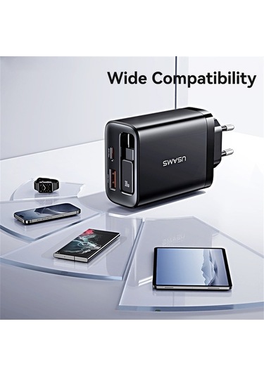 Tongxida Usams Cc296 30w Hızlı Şarj Cihazı Ab Tak Telefon Adaptörü, Tip-c Geri Çekilebilir Kablo Siyah Siyah