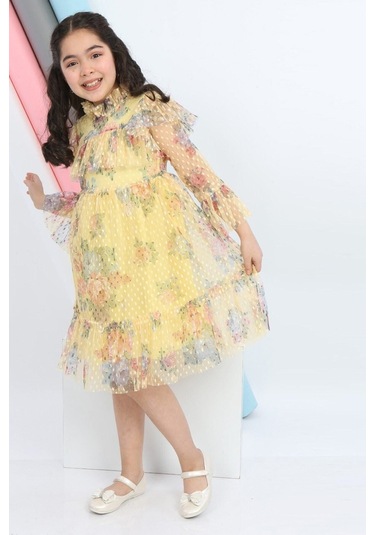 Kız Çocuk Tütülü Elbise Tül Kumaş Astarlı Bel Lastikli Rahat Zarif Elbise Kostüm Sarı
