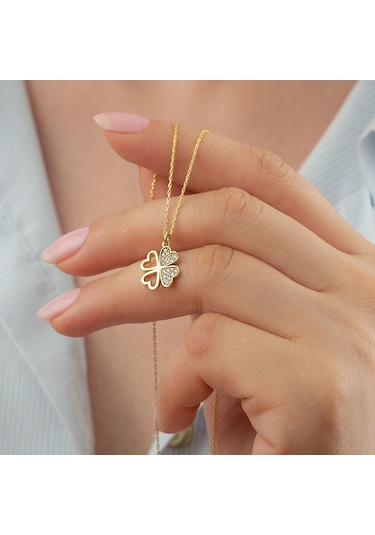 925 Ayar Gold Yonca Zirkon Taşlı Gümüş Kolye