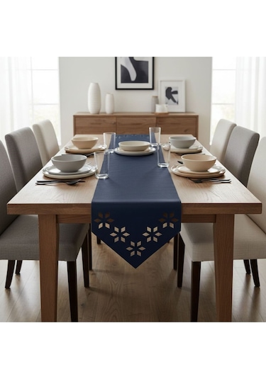 1 Adet Deri Runner-40x140 Cm-çiçek Desenli Runner Lacivert