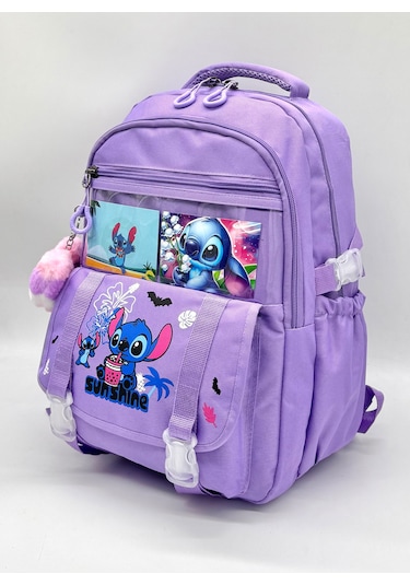 Stitch Desen Aksesuarlı Kore Tarzı Termal Beslenmeli Ve Kalemlikli Kız Çocuk Okul Sırt Çantası Seti Lila