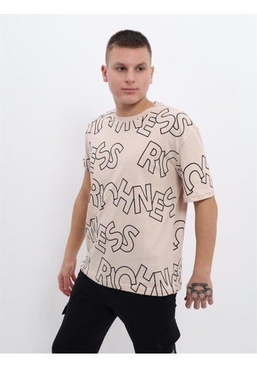 Erkek Çocuk Pamuklu Harfli Rahat Kalıp Tshirt-12817-vizon Vizon