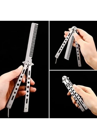 Buffer Gri Katlanabilir Paslanmaz Çelik Kelebek Bıçak Tarak Sakal Bıyık Fırçası Profesyonel Saç Kesimi İçin Tarak