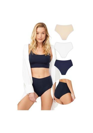 Yüksek Bel Basic Lazer Kesim Bikini Külot 3'lü Paket - 3 Çok Renkli