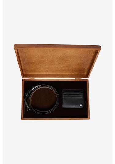 AC&Co / Altınyıldız Classics Erkek Siyah Kemer - Kartlık Aksesuar Set Sıyah Siyah