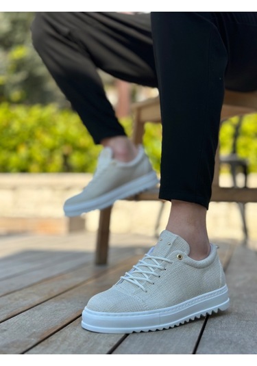 Pabucmarketi Bağcıklı Keten Erkek Ayakkabı Krem Beyaz Taban Çok Renkli