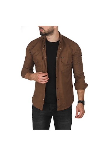 Deepsea Erkek Kahve Büyük Beden Pamuklu Likralı Spor Gömlek Dar Kalıp, Çıt Çıt Kapamalı 2500423 Kahve