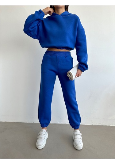 Kadın Pamuklu İçi Polarlı Basic Eşofman Takımı Saks