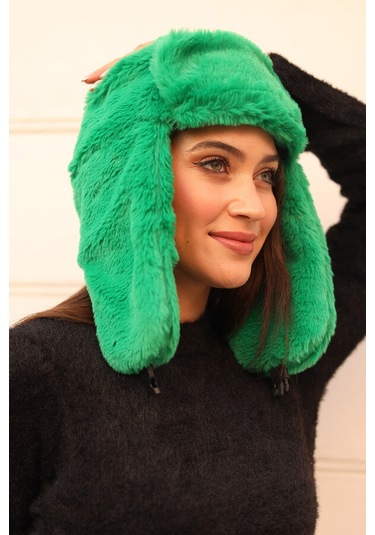 Çıtçıtlı Kürklü Kulaklıklı Peluş Bere Şapka Rkş-03 Yeşil Yeşil