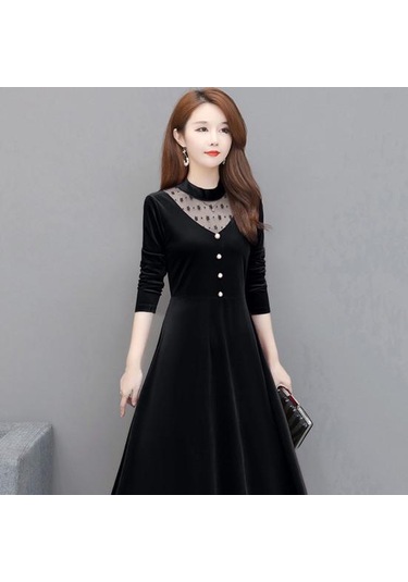 Ofis Bayan Zarif Kadife Elbise O-boyun Hollow Out Örgü Iplik Dikiş Evaze Elbise Uzun Kollu Düğmeler Dekor Gevşek Hem Midi Elbise Kırmızı Ofis Bayan Zarif Kadife Elbise O-boyun Hollow Out Örgü Iplik Dikiş Evaze Elbise Uzun Kollu Düğmeler Dekor Gevşek Hem Midi Elbise Kırmızı