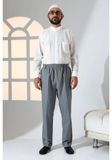 Erkek Rahat Kesim Beli Lastikli Cepli Hac Ve Umre Kumaş Şalvar Pantolon - Gri Krk Gri