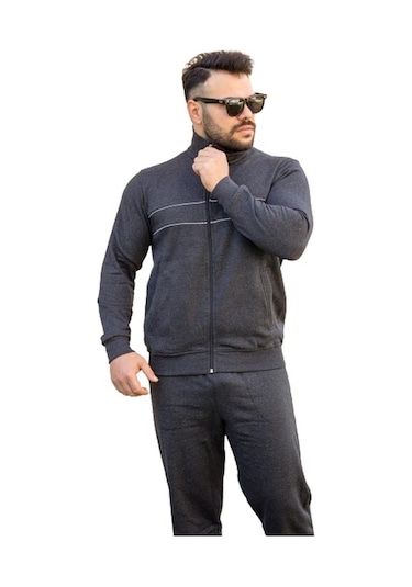 Antrasit Dik Yaka Nakış Detaylı Rahat Kalıp Fermuarlı Erkek Eşofman Takımı 21eestbbkt Antrasit