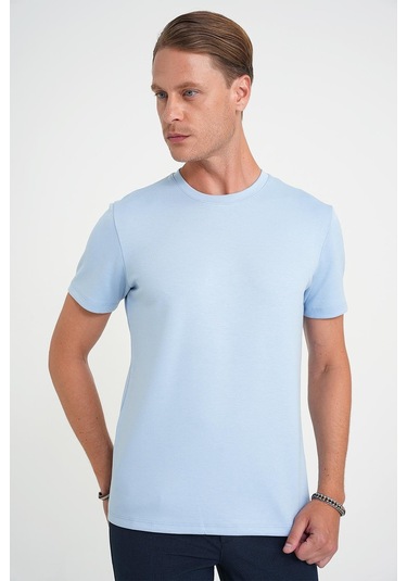 Comfort Fit Bisiklet Yaka Esnek Pamuk Casual Mavi Tişört Ts 885 Mavi