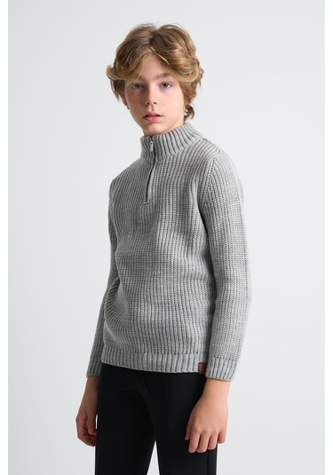 Alexandergardı Dik Yaka Fermuarlı Erkek Çocuk Kazak C23-7108 Gri