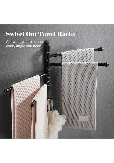 Geeroyoo Siyah 3 Çubuklu 180 Döner Alüminyum Havlu Rakısı, Çok Amaçlı Kanca Ve Delme/delmesiz Montaj Opsiyonu İle 30cm Siyah