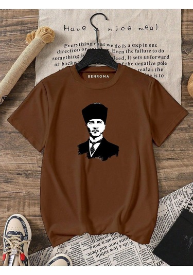 Atatürk Baskılı Oversize Unisex Tişört Kahverengi