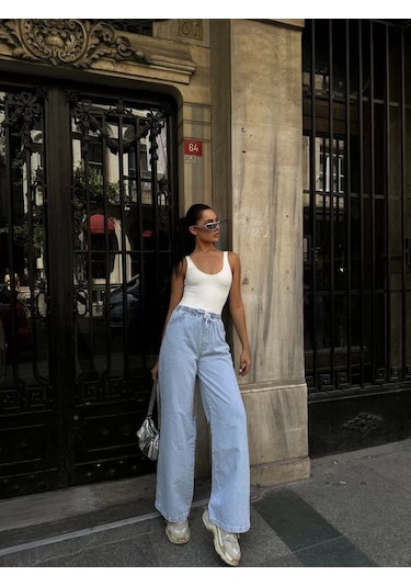 Kadın Arkadan Yırtmaçlı Jeans Kot Palazzo Pantolon - Mavi Mavi