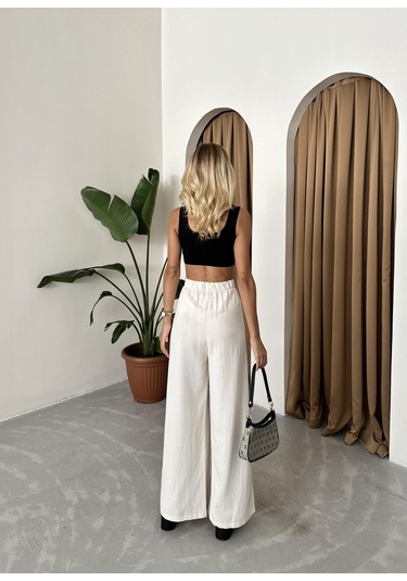 Natural Pamuk Yandan Düğmeli Geniş Paça Pantolon Ekru