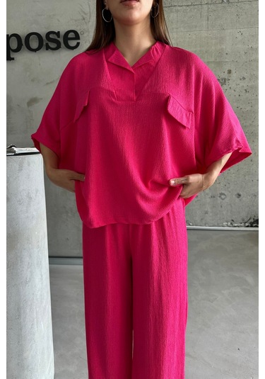 Kadın Fuşya Yarasa Kol Sahte Cep Bürümcük Alt Üst Palazzo Takım Fuşya