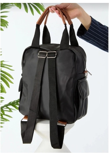 Saten Çok Bölmeli Sırt, Omuz Ve El Çantası Siyah