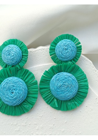 Yeşil Mavi Hasır Küpe Altın - Yeşil