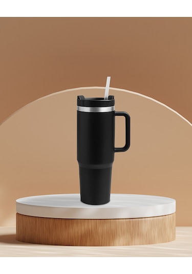 Siyah Paslanmaz Çelik Termos Pipetli 1200ml Siyah