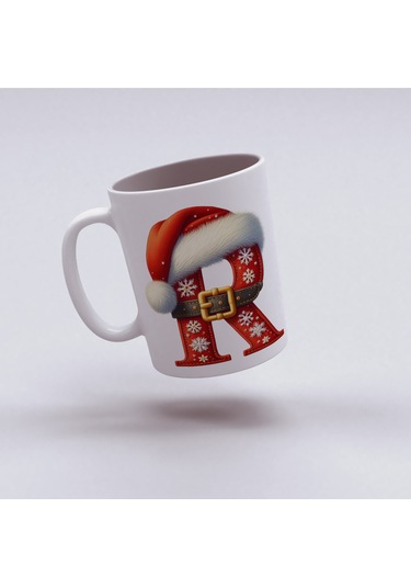 R Harfi Yılbaşı Temalı Bardak 330 Ml Harfli Kişiye Özel Hediye - Yeniyıl / Noel Şapka Tasarım Beyaz